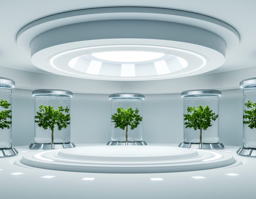 Hydroponics Lab room on spacecraft with white circle podium empty.3D rendering